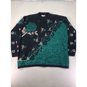 Mathias Sweater Women 3X Black Green Knit Floral Crew Neck Casual Warm‎ Pullover